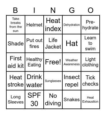 Summer Safety Bingo Card