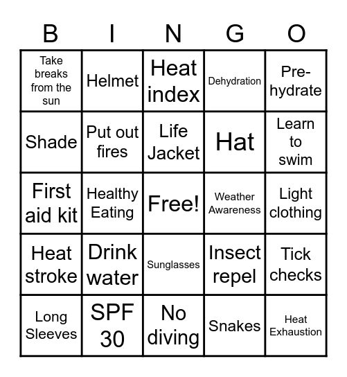 Summer Safety Bingo Card