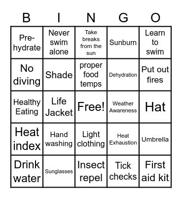 Summer Safety Bingo Card