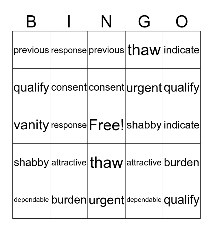 4th Grade Vocabulary Words Bingo Unit 3 Bingo Card