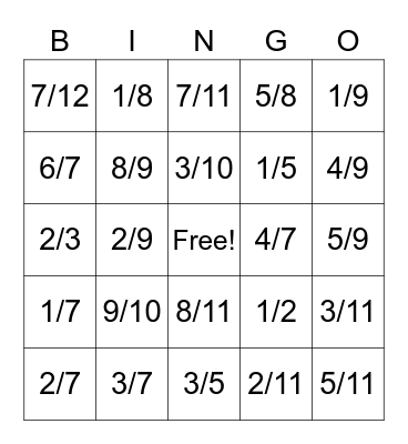 Fraction Bingo Card