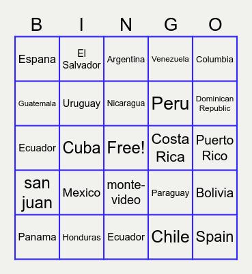 Spanish Country Capitals Bingo Card