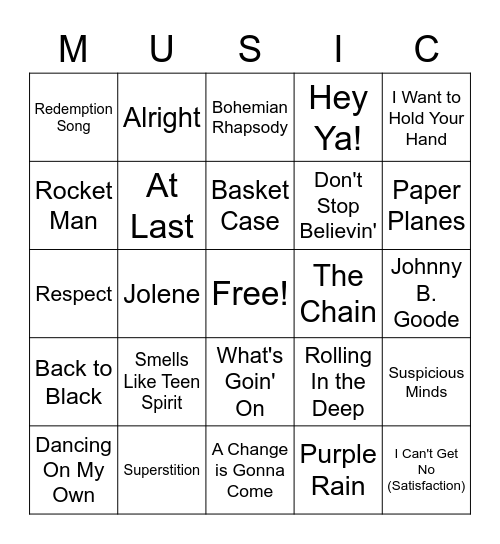 Top Songs Bingo Card