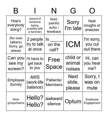 Work From Home Conference Calls Bingo Card