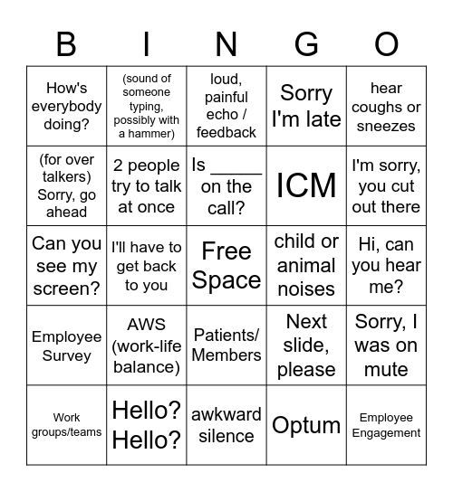 Work From Home Conference Calls Bingo Card