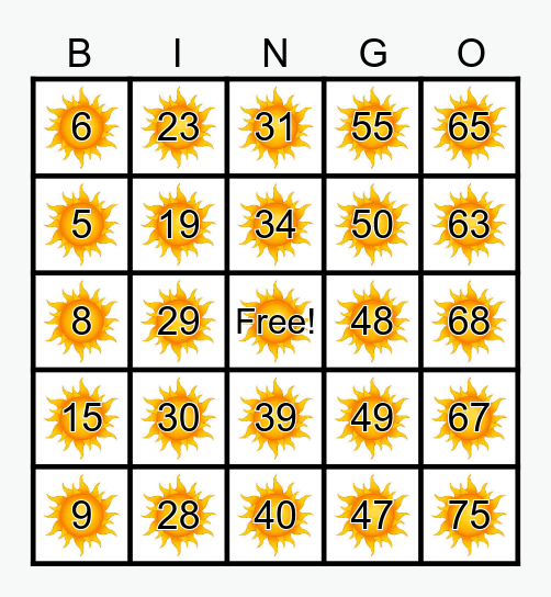 Summer Sun BINGO Card