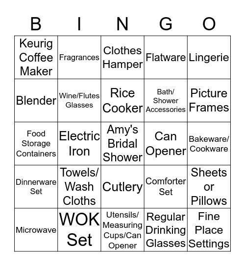 Amy's Bridal Shower Bingo Card