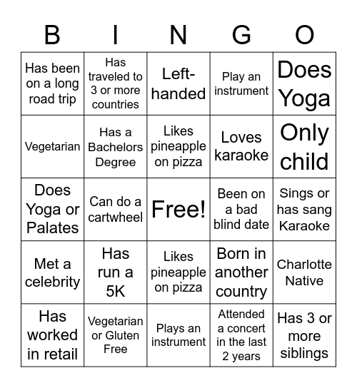 GET TO KNOW YOU Bingo Card