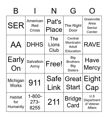 Community Resource Bingo Card