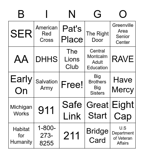 Community Resource Bingo Card