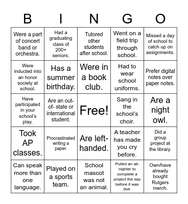 Douglass Bingo Card