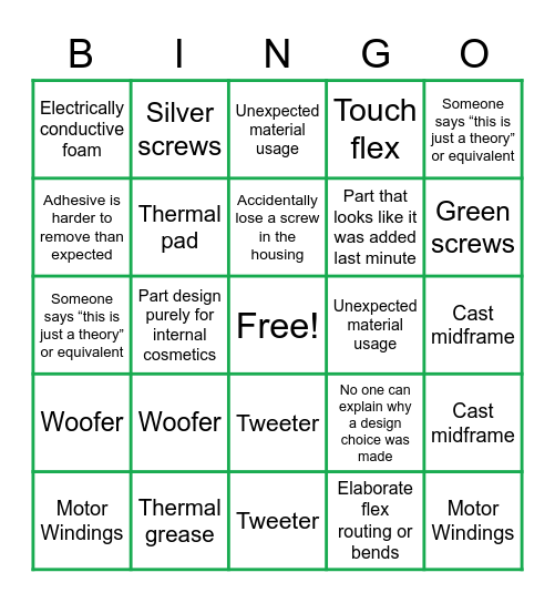 Teardown Bingo Card