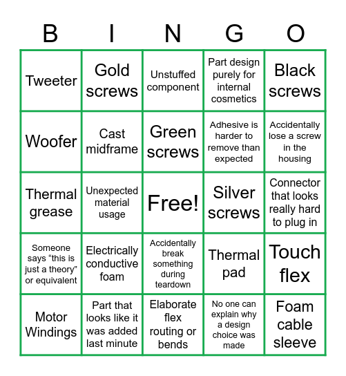 Teardown Bingo Card