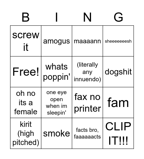 things we say Bingo Card