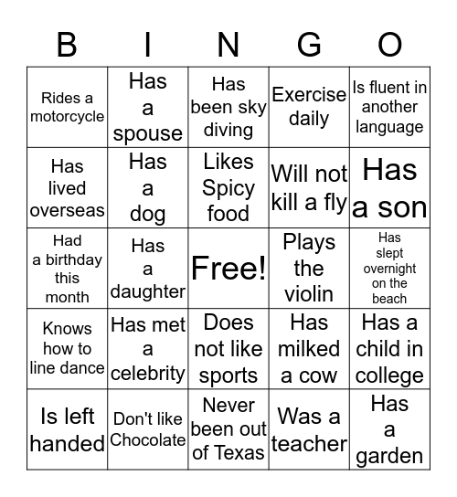 Ice Breaker Bingo Card