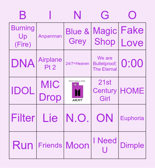 BTS Song Bingo- FESTA 2022 Bingo Card