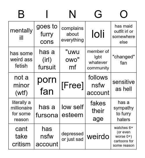 Furry Bingo Card