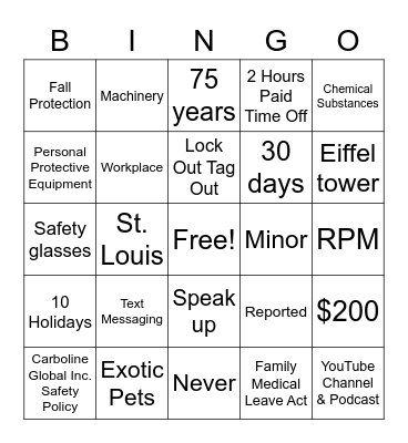 CRBO SAFE BINGO Card