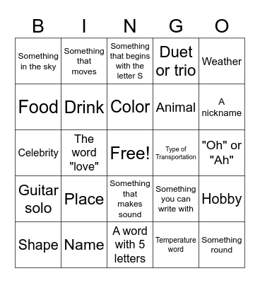 Mindfulness Music Bingo Card
