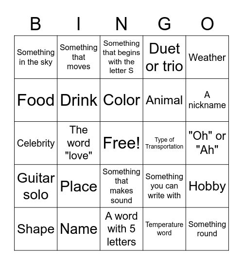 Mindfulness Music Bingo Card