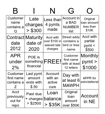 Mid Stage Bingo Card