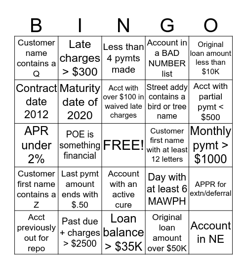 Mid Stage Bingo Card