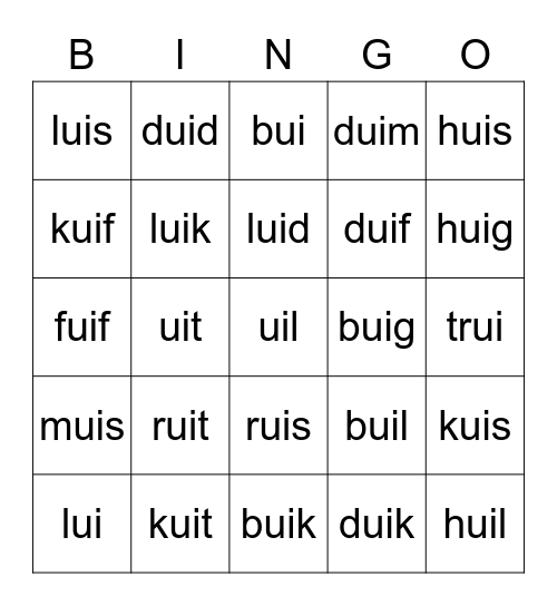 Woorden met ui Bingo Card