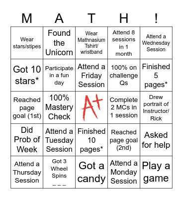 Mathnasium July Bingo Card