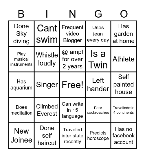 Team Building Bingo Card
