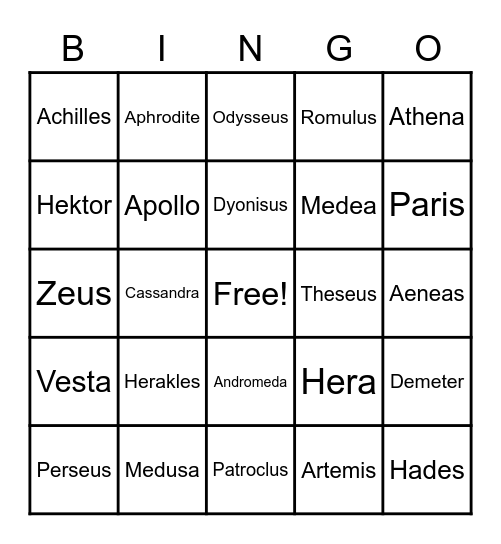 Gods and Heros Bingo Card