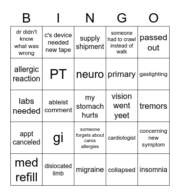 Sick Kids Screaming Bingo Card