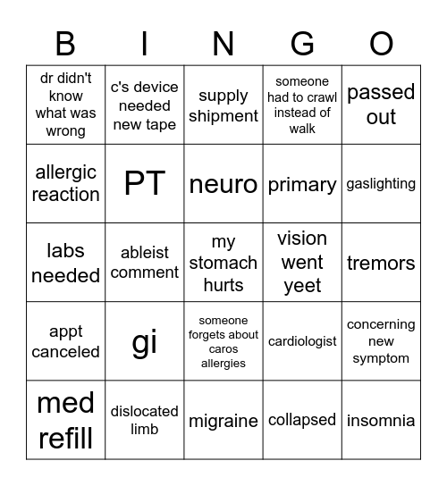 Sick Kids Screaming Bingo Card