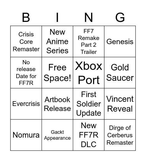 FF7 Streaming Event Bingo Card