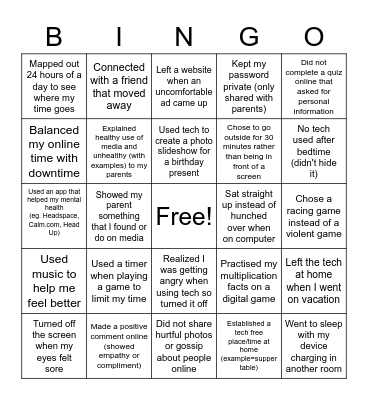 Tech Diet Bingo Card