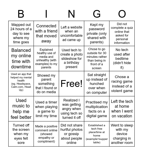 Tech Diet Bingo Card
