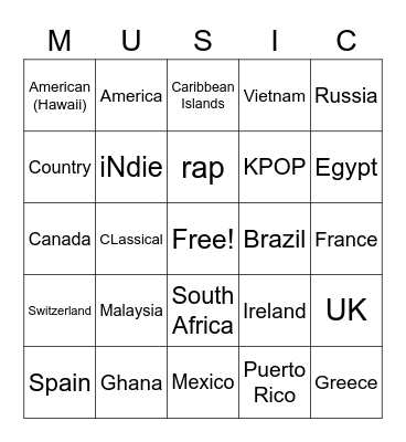 World Music Bingo Card