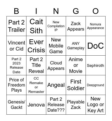 FFVII 25th Anniversary Stream Bingo Card