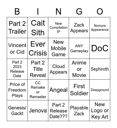 FFVII 25th Anniversary Stream Bingo Card