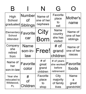 Melvina's Birthday Party Bingo Card