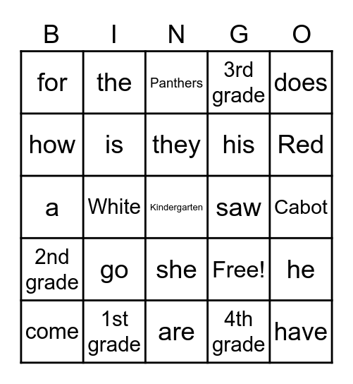 Red Words Level 1 Bingo Card