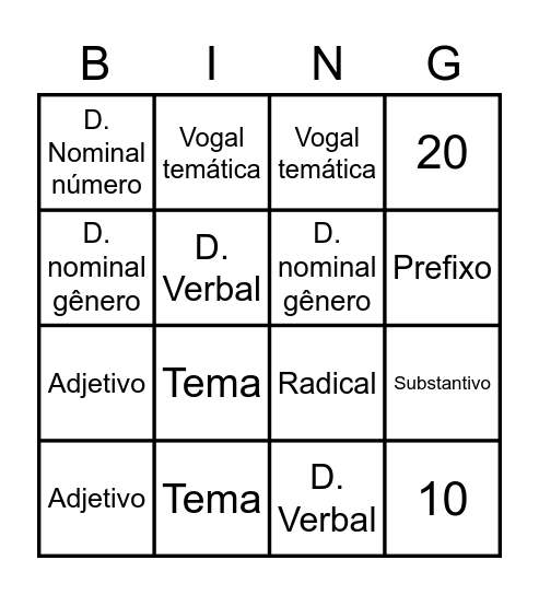 Bingo gramatical Bingo Card