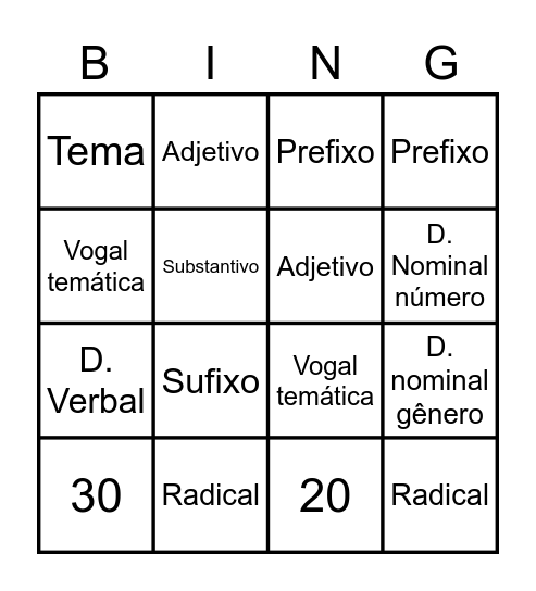 Bingo gramatical Bingo Card