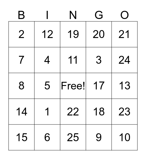 1 - 25 Bingo Card