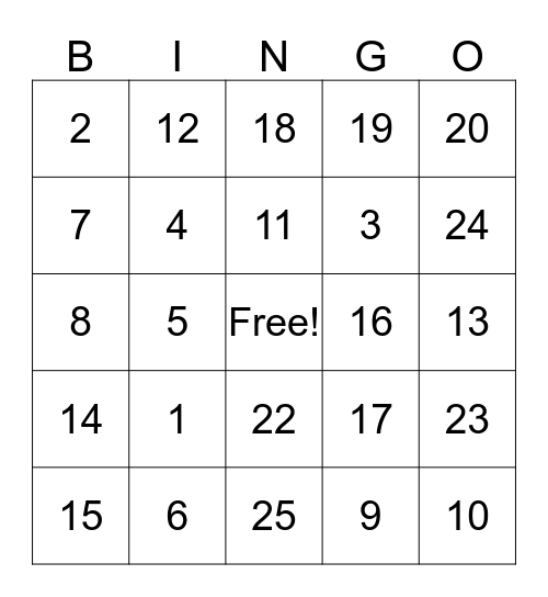 1 - 25 Bingo Card