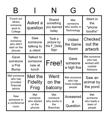 Invest In Girls Fidelity Campus Visit Bingo Card