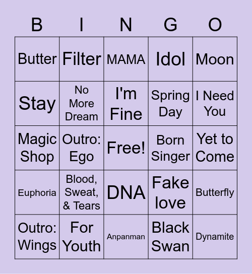 BTS Bingo 💜 Bingo Card