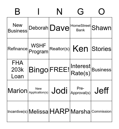 Purchase Money Bingo Card