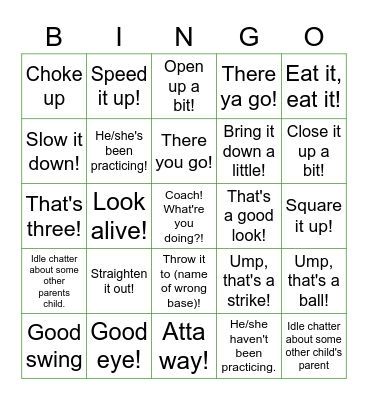 YOUTH BASEBALL PARENT BINGO Card