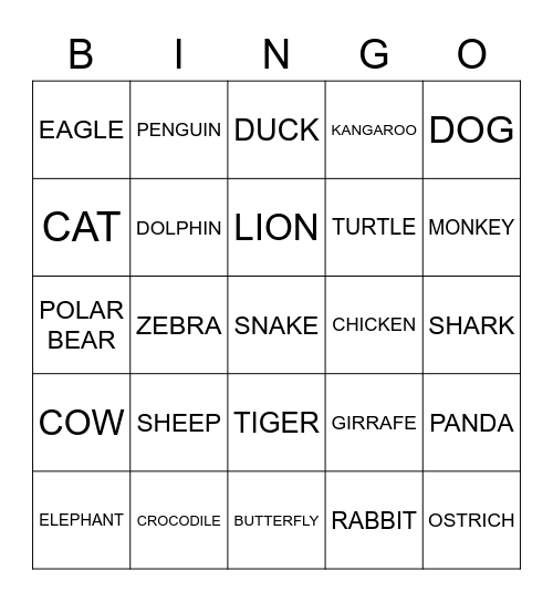 ANIMALS Bingo Card