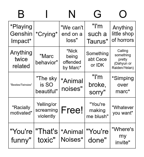 Nick Bingo Card